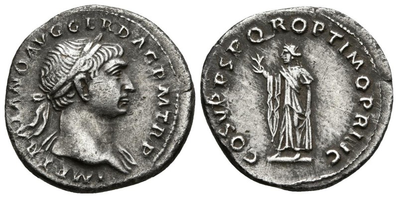 TRAJANO. Denario. 107 d.C. Roma. A/ Busto laureado a derecha con ligero drapeado...