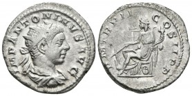 HELIOGABALO. Antoniniano. 218-222 d.C. Roma. A/ Busto radiado y drapeado con coraza a derecha. IMP ANTONINVS AVG. R/ Fortuna sedente a izquierda porta...