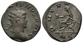 GALIENO. Antoniniano. 259 d.C. Mediolanum. A/ Busto radiado a derecha. GALLIENVS AVG. R/ Emperador sedente a izquierda portando globo y cetro, en exer...