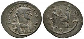 AURELIANO. Antoniniano. 270-275 d.C. Mediolanum (Milán). A/ Busto radiado con coraza a derecha. IMP AVRELIANVS AVG. R/ Emperador sedente frente a Roma...