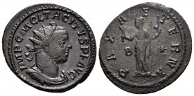 TACITO. Antoniniano. 276 d.C. Lugdunum. A/ Busto radiado y drapeado con coraza a derecha. IMP C M CL TACITVS P F AVG. R/ Pax estante a izquierda porta...