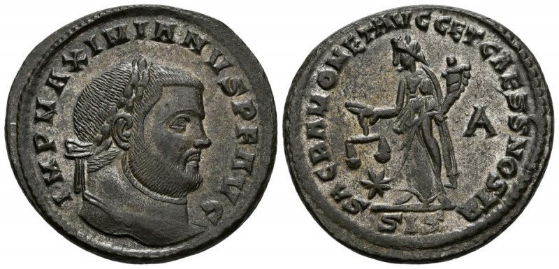 MAXIMIANO HERCULEO. Follis. 286-305 d.C. Siscia. A/ Busto laureado a derecha. IM...