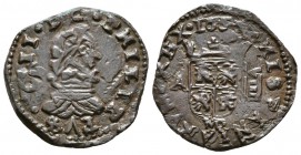 FELIPE IV. 8 Maravedís. 1661. Madrid A. Acuñada a martillo, sin orla circular en anverso. Cal-1416, J.S. M-286. Ae. 2,14g. Acuñada sobre otra moneda d...
