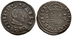 FELIPE IV. 16 Maravedís. 1663. Cuenca CA. Cal-1318; J.S. M-196. Ae. 4,89g. MBC.