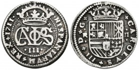CARLOS III, el Pretendiente. 2 Reales. 1711. Barcelona. Cal-27. Ar. 4,89g. Leve soldadura en el canto. MBC.