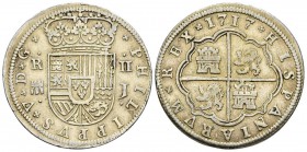 FELIPE V. 2 Reales. 1717. Segovia J. Cal-1387. Ar. 5,11g. Sobredorada. MBC.