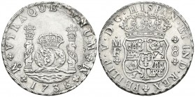 FELIPE V. 8 Reales. 1736. México MF. Columnario. Cal-780. Ar. 26,51g. Oxidaciones marinas en anverso. EBC-. Escasa.