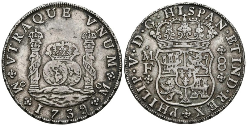 FELIPE V. 8 Reales. 1739. México MF. Columnario. Cal-787. Ar. 26,93g. Pátina. MB...