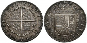 FELIPE V. 8 Reales. 1731. Sevilla PA. Cal-943. Ar. 27,05g. Preciosa pátina. EBC. Rara.
