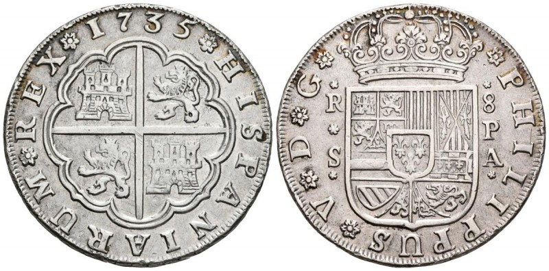 FELIPE V. 8 Reales. 1735. Sevilla PA. Cal-947. Ar. 26,80g. MBC+. Escasa.