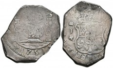 FERNANDO VI. 8 Reales. 1751. Guatemala J. Cal-282. Ar. 27,11g. Buen ejemplar. Pátina. MBC+. Rara.