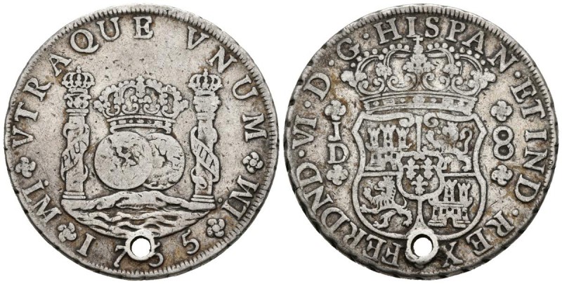 FERNANDO VI. 8 Reales. 1755. Lima JD. Puntos sobre las dos LMA. Cal-313. Ar. 26,...