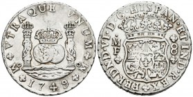 FERNANDO VI. 8 Reales. 1749. México MF. Columnario. Cal-324. Ar. 26,89g. Rayas por limpieza. MBC-.