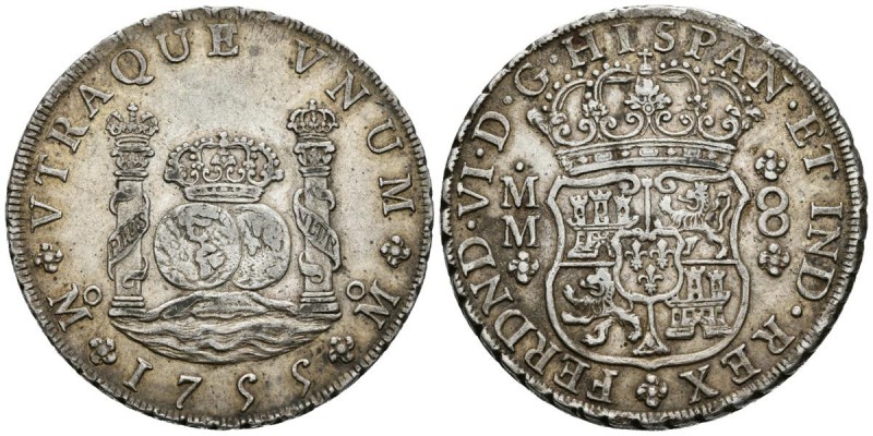 FERNANDO VI. 8 Reales. 1755. México MM. Columnario. Cal-338. Ar. 27,18g. Pátina....