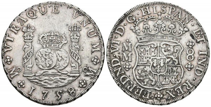 FERNANDO VI. 8 Reales. 1758. México MM. Columnario. Cal-343 Ar. 27,16g. MBC+.