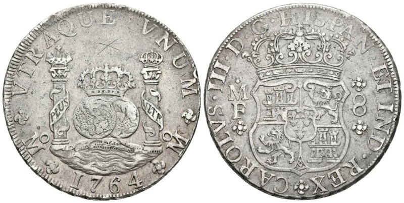 CARLOS III. 8 Reales. 1764. México MF. Columnario. Cal-899. Ar. 26,73g. Graffiti...