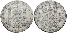 CARLOS III. 8 Reales. 1766. México MF. Columnario. Cal-904. Ar. 27,02g. Graffiti en reverso. MBC+.