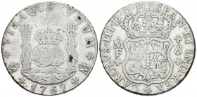 CARLOS III. 8 Reales. 1767. México MF. Columnario. Cal-906. Ar. 26,46g. Estuvo en aro. BC+.