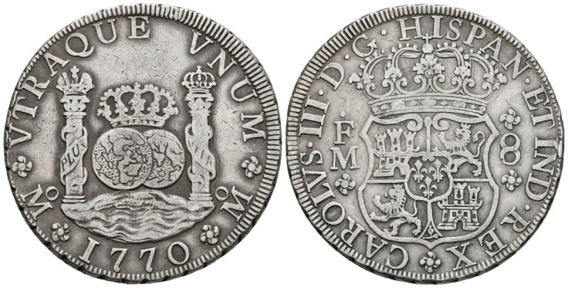 CARLOS III. 8 Reales. 1770. México FM. Columnario. Cal-912. Ar. 26,78g. MBC-/MBC...