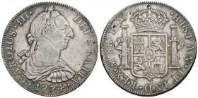 CARLOS III. 8 Reales. 1774. México FM. Cal-919. Ar. 26,88g. Pátina irisada. MBC+.