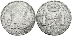 CARLOS III. 8 Reales. 1784. México FM. Cal-936. Ar. 26,68g. Leves erosiones en anverso. MBC+.