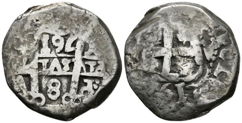 CARLOS III. 8 Reales. 1761. Potosí V. Dos fechas visibles. Cal-948. Ar. 23,78g. ...