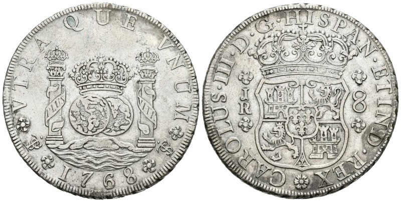 CARLOS III. 8 Reales. 1768. Potosí JR. Roseta de 6 pétalos. Columnario. Cal-967....