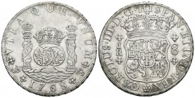 CARLOS III. 8 Reales. 1768. Potosí JR. Roseta de 6 pétalos. Columnario. Cal-967. Ar. 26,92g. MBC+. Escasa.