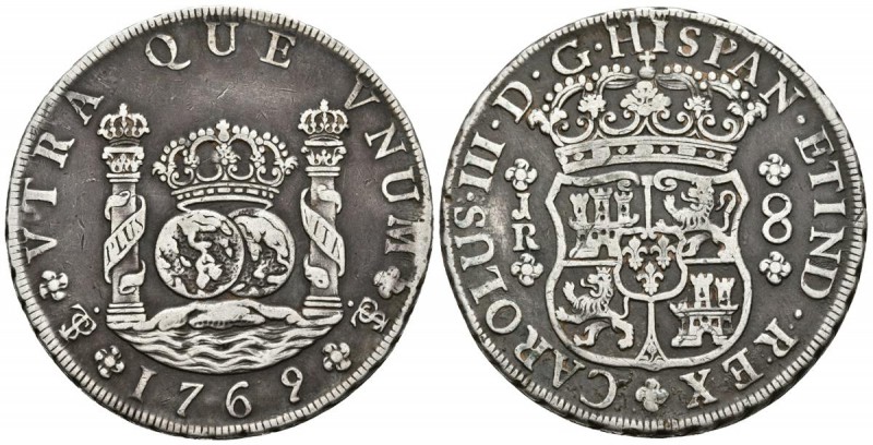 CARLOS III. 8 Reales. 1769. Potosí JR. Fecha con 9 recto. Punto después de CAROL...