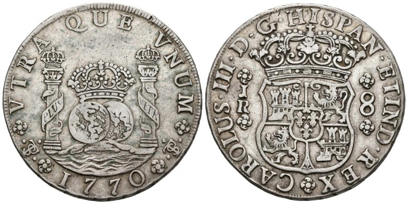 CARLOS III. 8 Reales. 1770. Potosí JR. Punto después de CAROLUS. Columnario. Cal...