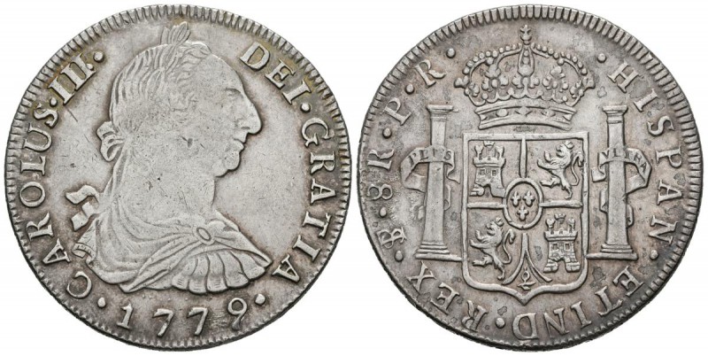 CARLOS III. 8 Reales. 1779. Potosí PR. Cal-980. Ar. 26,82g. Suave pátina irisada...