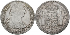 CARLOS III. 8 Reales. 1779. Potosí PR. Cal-980. Ar. 26,82g. Suave pátina irisada. MBC/MBC+.