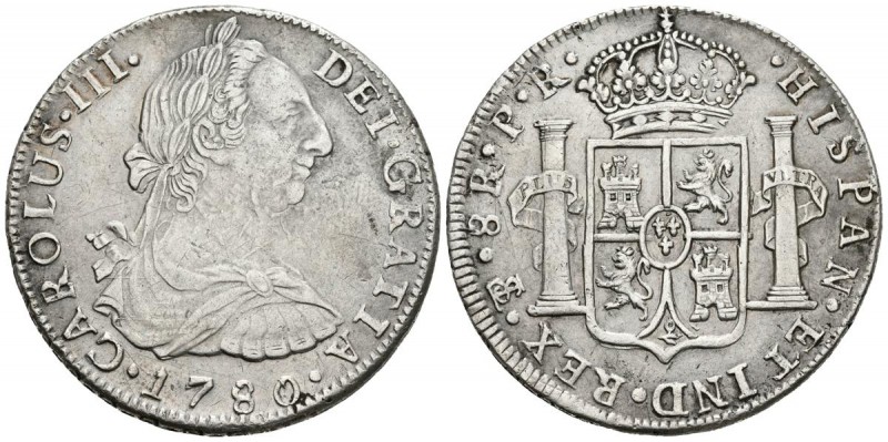 CARLOS III. 8 Reales. 1780. Potosí PR. Base de la corona sin grabar. Cal-982. Ar...