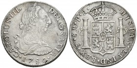 CARLOS III. 8 Reales. 1780. Potosí PR. Base de la corona sin grabar. Cal-982. Ar. 26,65g. MBC+. Rara.