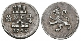 CARLOS IV. 1/4 de Real. 1799/8 Sobrefecha. México. Cal-1398var. Ar. 0,83g. Pátina. EBC-.