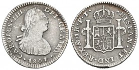 CARLOS IV. 1 Real. 1801. México FT. Cal-1296. Ar. 3,27g. MBC-/MBC.