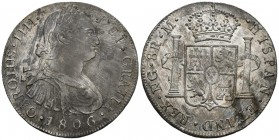CARLOS IV. 8 Reales. 1806. Guatemala M. Cal-639. Ar. 25,78g. Oxidaciones marinas y rayas por limpieza. MBC-. Escasa.