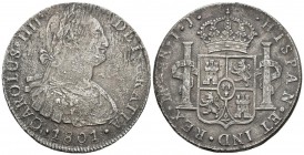 CARLOS IV. 8 Reales. 1801. Lima IJ. Cal-656. Ar. 25,01g. Oxidaciones marinas. BC+/MBC-.