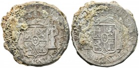 CARLOS IV. Interesante conglomerado con dos reales de a 8 acuñados en Lima. Presenta concreciones marinas así como algunas conchas y restos de corales...