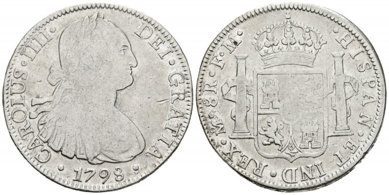 CARLOS IV. 8 Reales. 1798. México FM. Cal-692. Ar. 26,68g. Manchas. BC+.