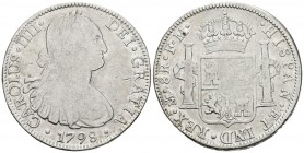 CARLOS IV. 8 Reales. 1798. México FM. Cal-692. Ar. 26,68g. Manchas. BC+.