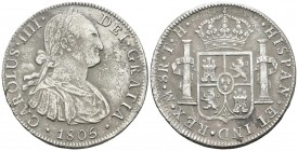 CARLOS IV. 8 Reales. 1805. México TH. Cal-703. Ar. 25,79g. Oxidaciones marinas. MBC-.