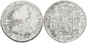 CARLOS IV. 8 Reales. 1807. México TH. Cal-707. Ar. 26,39g. Oxidaciones marinas. MBC.