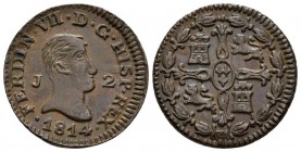 FERNANDO VII. 2 Maravedís. 1814. Jubia. Cal-1580. Ae. 2,96g. EBC-. Escasa en esta conservación.