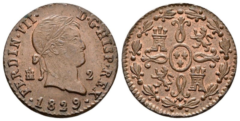 FERNANDO VII. 2 Maravedís. 1829. Segovia. Cal-1729. Ae. 2,64g. EBC.