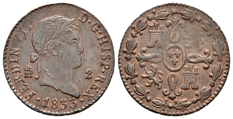 FERNANDO VII. 2 Maravedís. 1833. Segovia. Cal-1735. Ae. 2,18g. MBC+/EBC-.