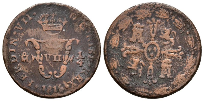 FERNANDO VII. 1/4 Real. 1816. México. Cal-1626. Ae. 3,48g. BC+. Rara.