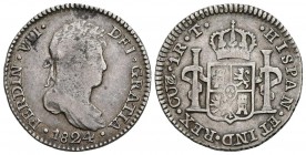 FERNANDO VII. 1 Real. 1824. Cuzco T. Cal-1098. Ar. 3,25g. Rayitas en anverso. MBC. Muy escasa.
