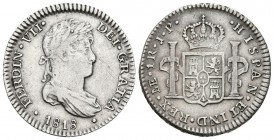 FERNANDO VII. 1 Real. 1818. Lima JP. Cal-1137. Ar. 3,54g. Rayita en anverso. MBC/MBC+.