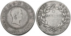 FERNANDO VII. 10 Reales. 1821. Santander LT. Tipo "Cabezón". Cal-799. Ar. 12,78g. BC+. Escasa.